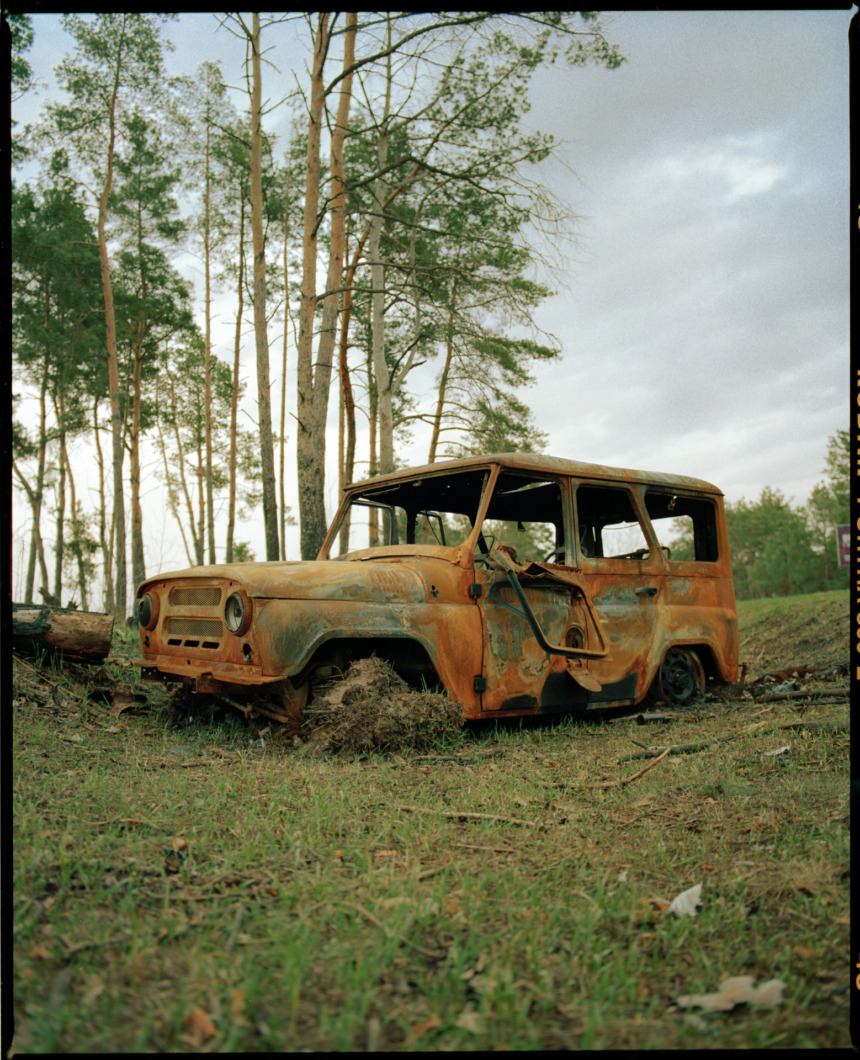 A burn-out UAZ near Kyiv, 2022